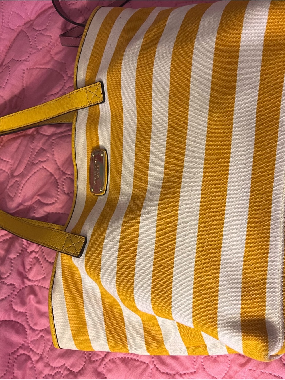 Michael Kors Striped Yellow and White Canvas Tote Bag with Yellow Leather Trim